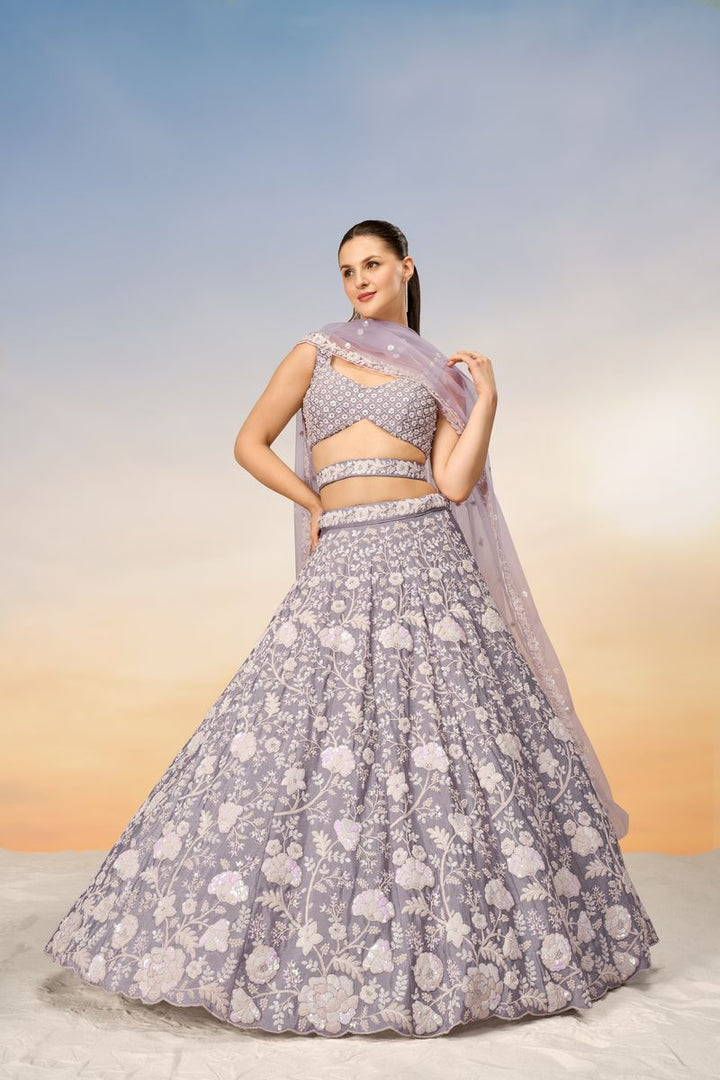 Mauve Chinon Sequins and Zarkan embroidery Semi-Stitched Lehenga choli & Dupatta