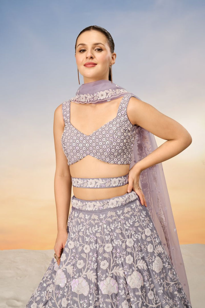 Mauve Chinon Sequins and Zarkan embroidery Semi-Stitched Lehenga choli & Dupatta