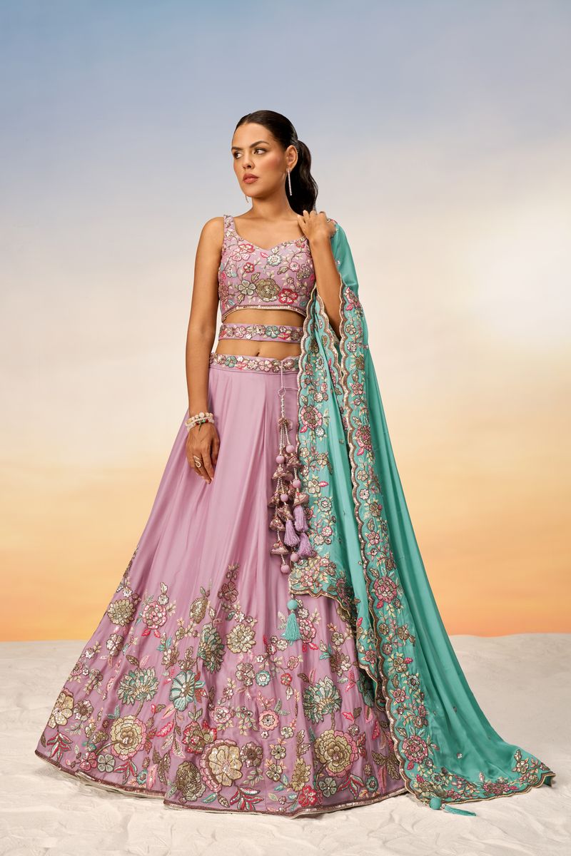 Lavender semi-stitched lehenga choli with multicolor thread, golden sequin, coding, and mirror detailing on pure georgette fabric