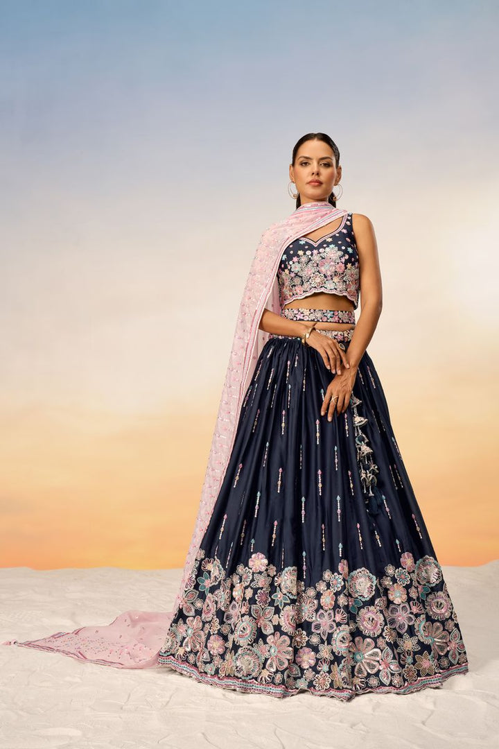 Navy Blue - Satin Silk Embroidered Using Different Color Sequin-Thread Semi-Stitched Lehenga Choli