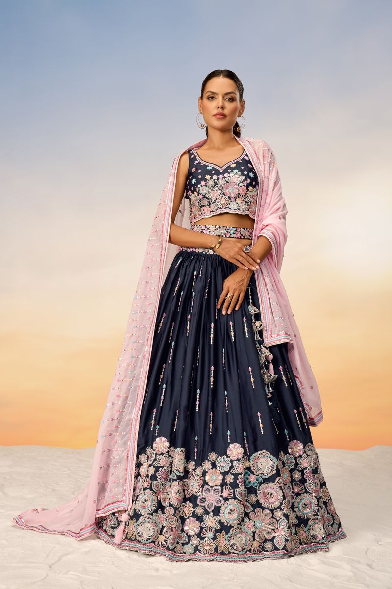 Navy blue semi-stitched lehenga choli with colorful sequin-thread embroidery