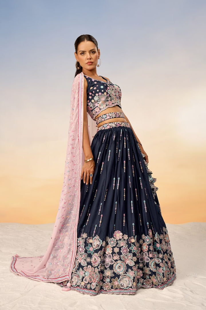 Navy Blue - Satin Silk Embroidered Using Different Color Sequin-Thread Semi-Stitched Lehenga Choli