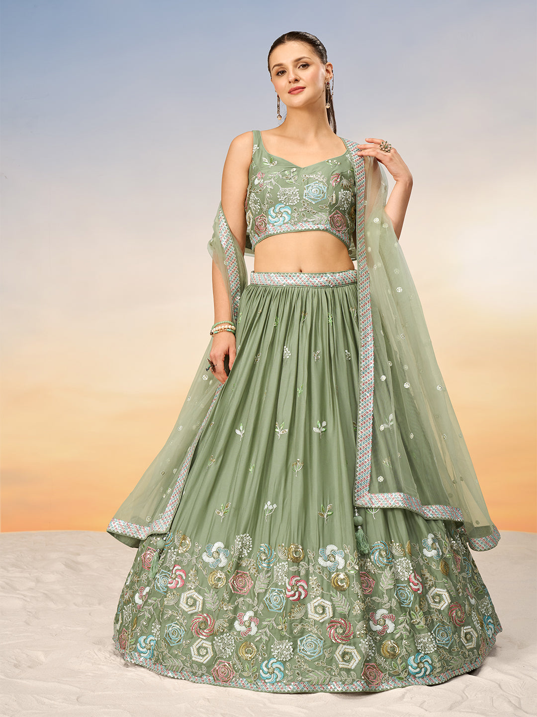 Limegreen - Multi-Color Sequin,Thread Embroidered Pure Georgette Semi-Stitched Lehenga choli - qivii