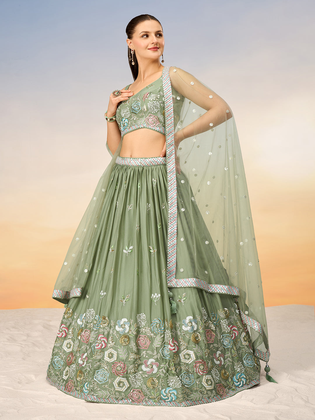 Limegreen - Multi-Color Sequin,Thread Embroidered Pure Georgette Semi-Stitched Lehenga choli - qivii