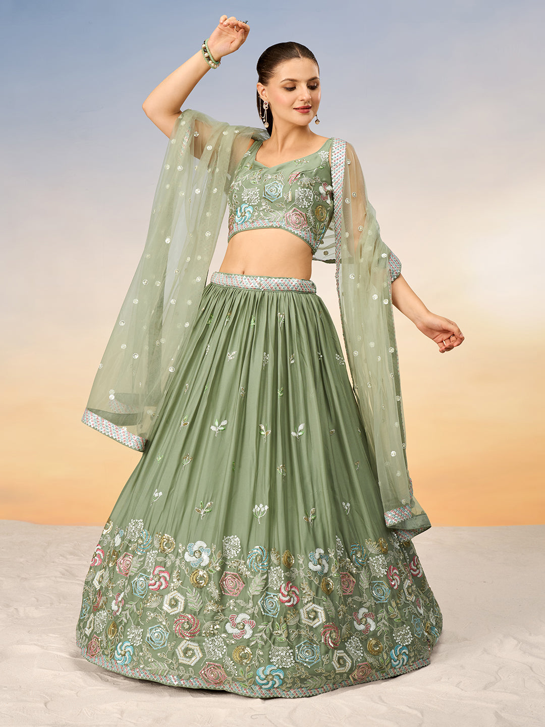 Limegreen - Multi-Color Sequin,Thread Embroidered Pure Georgette Semi-Stitched Lehenga choli - qivii