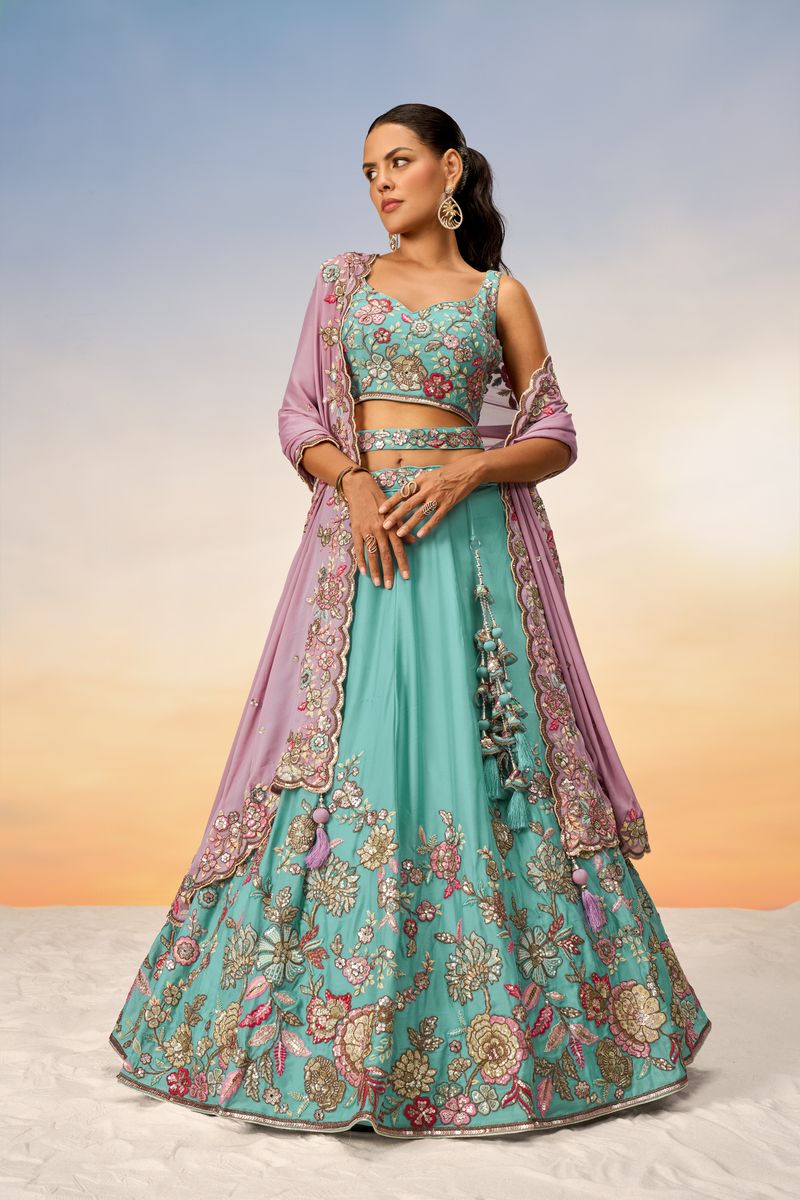 Turquoise blue semi-stitched lehenga choli with multicolor thread embroidery