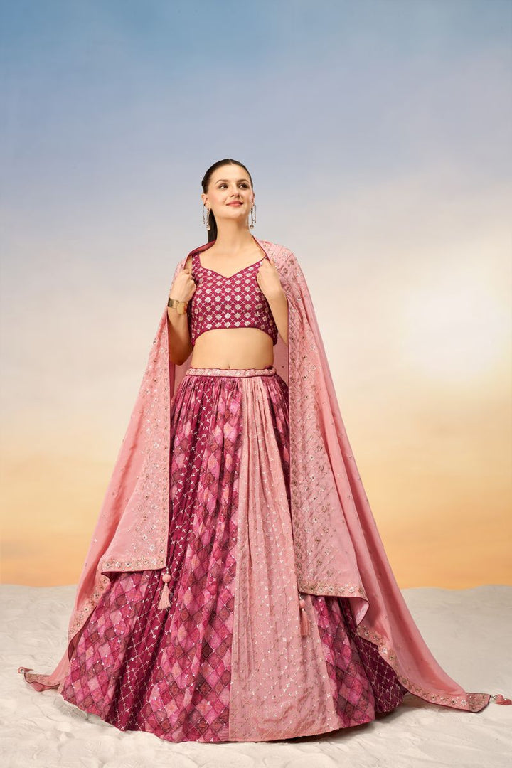 Pink Pure Chiffon position print with Sequins embroidery Semi-Stitched Lehenga choli & Dupatta