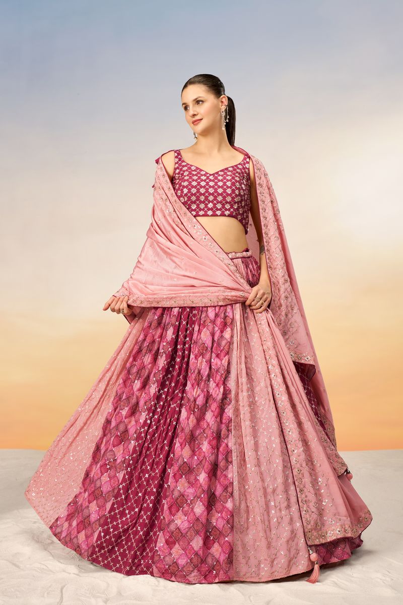 Pink Pure Chiffon position print with Sequins embroidery Semi-Stitched Lehenga choli & Dupatta