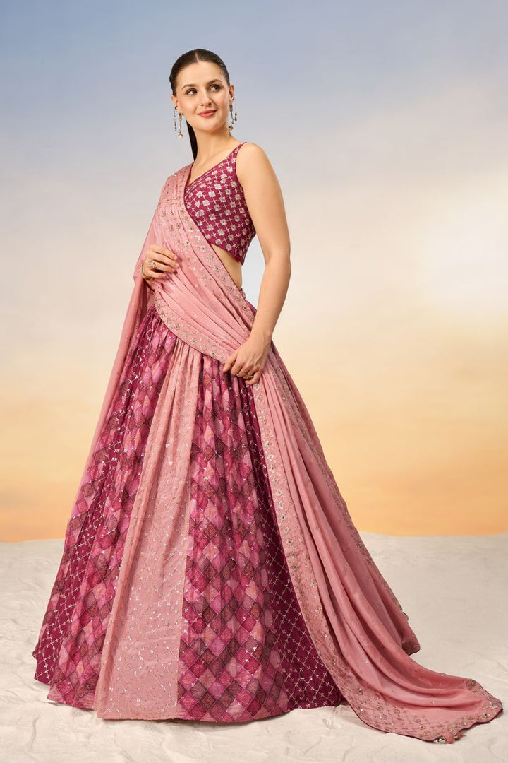 Pink Pure Chiffon position print with Sequins embroidery Semi-Stitched Lehenga choli & Dupatta