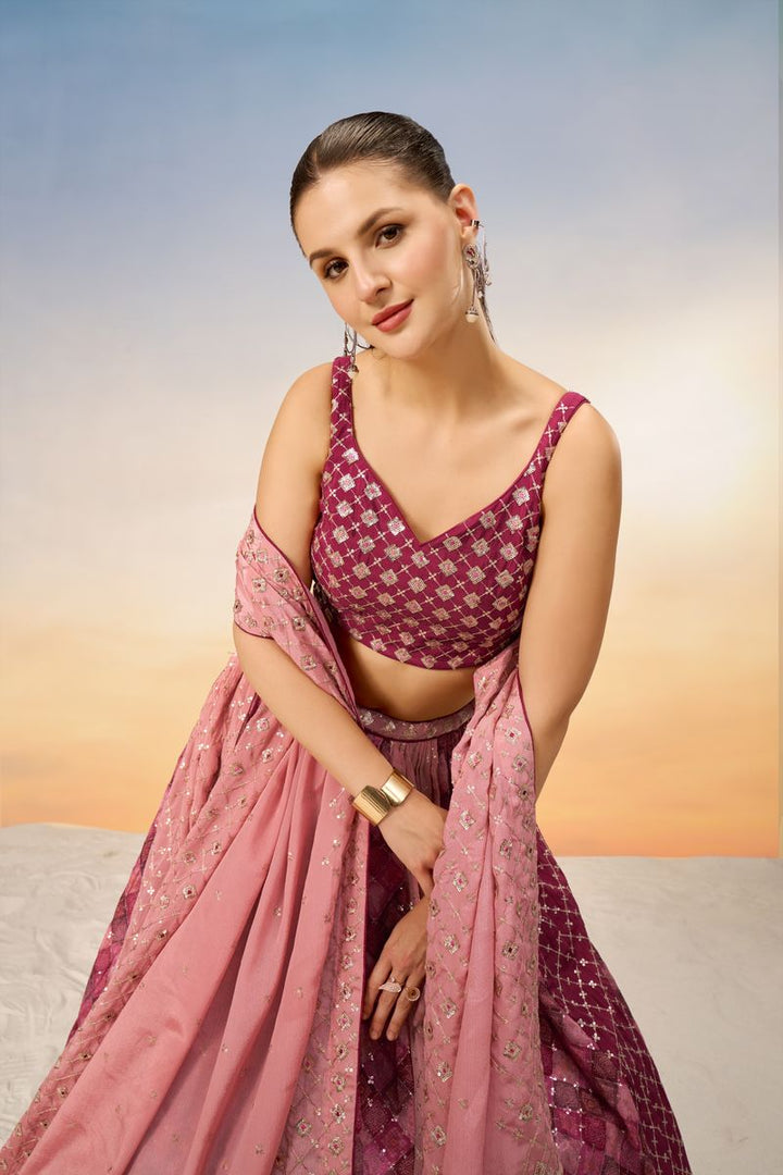 Pink Pure Chiffon position print with Sequins embroidery Semi-Stitched Lehenga choli & Dupatta