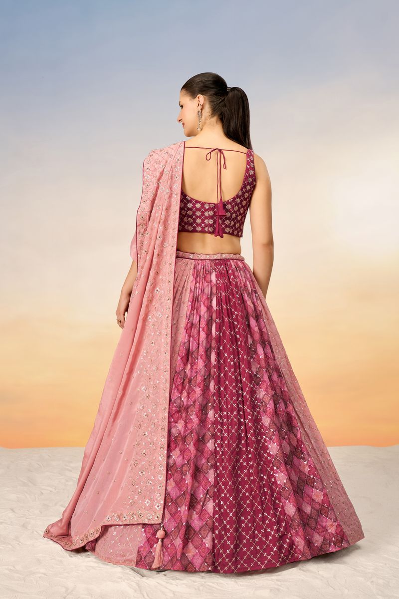 Pink Pure Chiffon position print with Sequins embroidery Semi-Stitched Lehenga choli & Dupatta