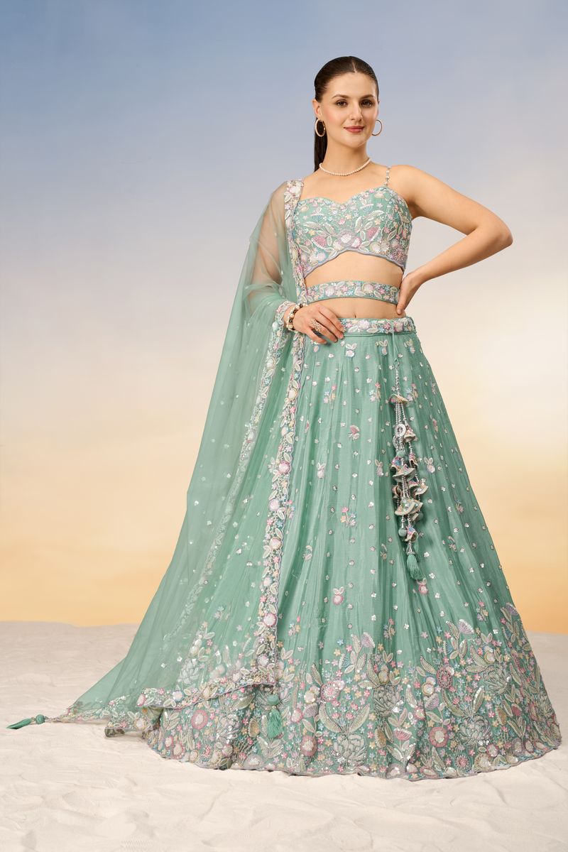 Sea green Chiffon Sequins and thread embroidery Semi-Stitched Lehenga choli & Dupatta