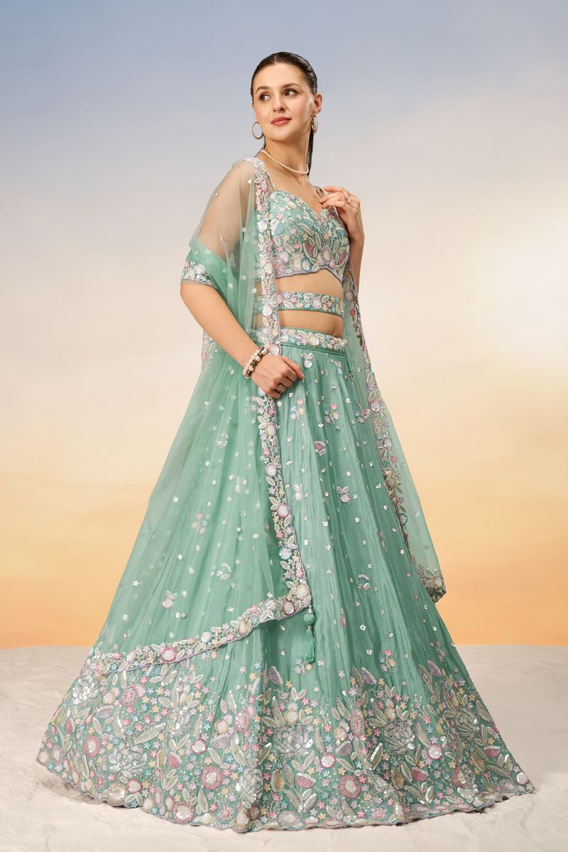 Beautiful sea green chiffon lehenga choli with intricate sequins embroidery