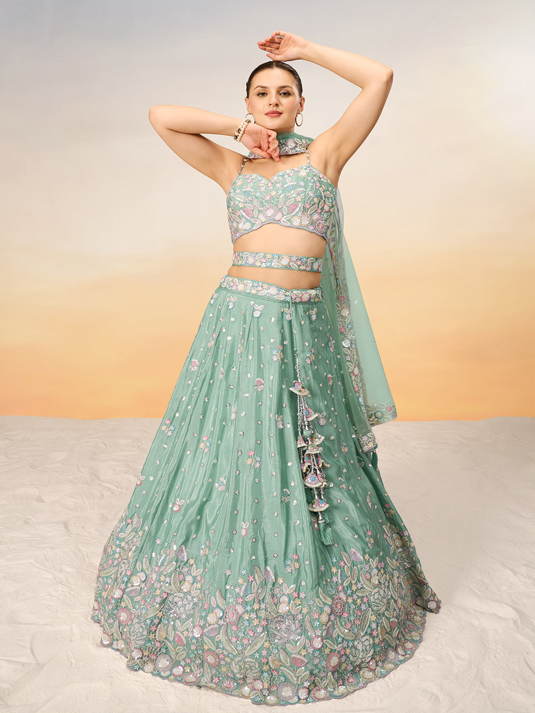 Seagreen - Multi Color Chiffon Embroidered using Sequins,Thread & Coding Semi-Stitched Lehenga choli - qivii