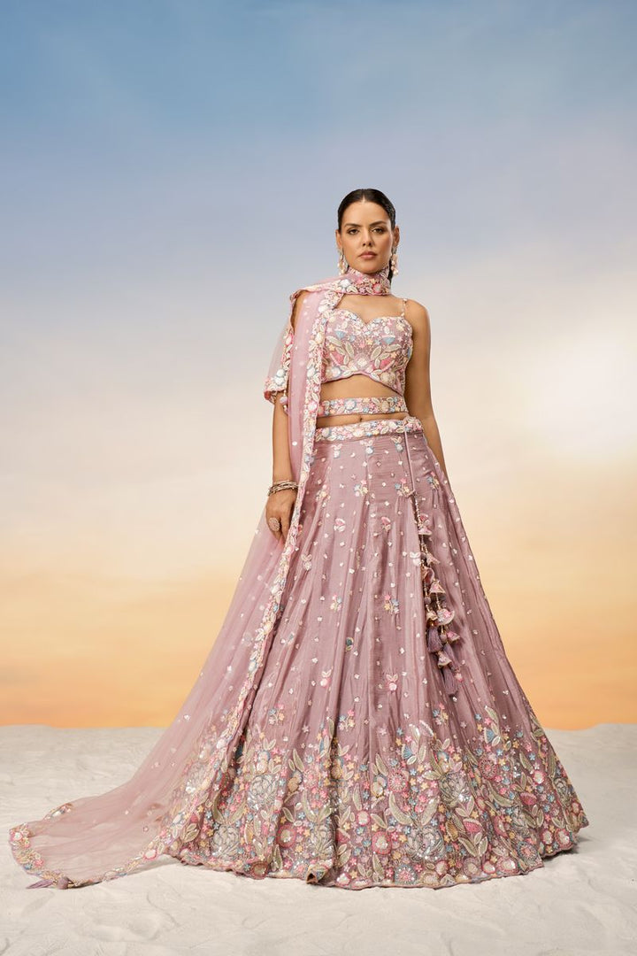 Rose gold Chiffon Sequins and thread embroidery Semi-Stitched Lehenga choli & Dupatta - qivii