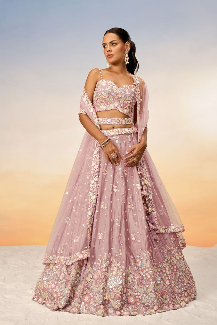 Rose gold Chiffon Sequins and thread embroidery Semi-Stitched Lehenga choli & Dupatta - qivii