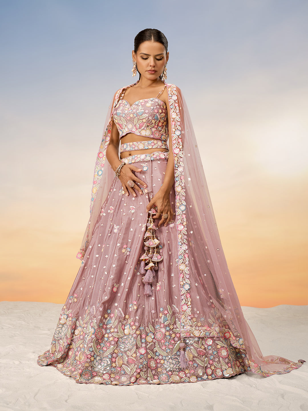 Rosegold - Multi Color Chiffon Embroidered using Sequins,Thread & Coding Semi-Stitched Lehenga choli - qivii