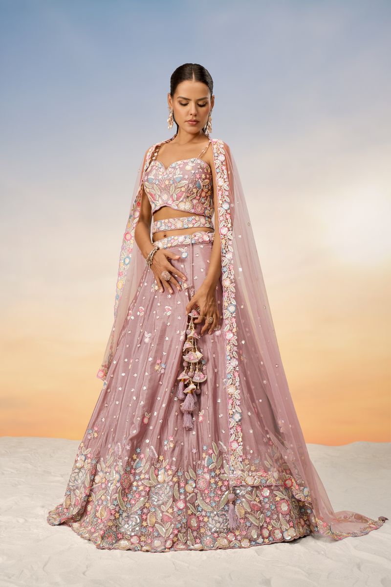 Rose gold Chiffon Sequins and thread embroidery Semi-Stitched Lehenga choli & Dupatta - qivii