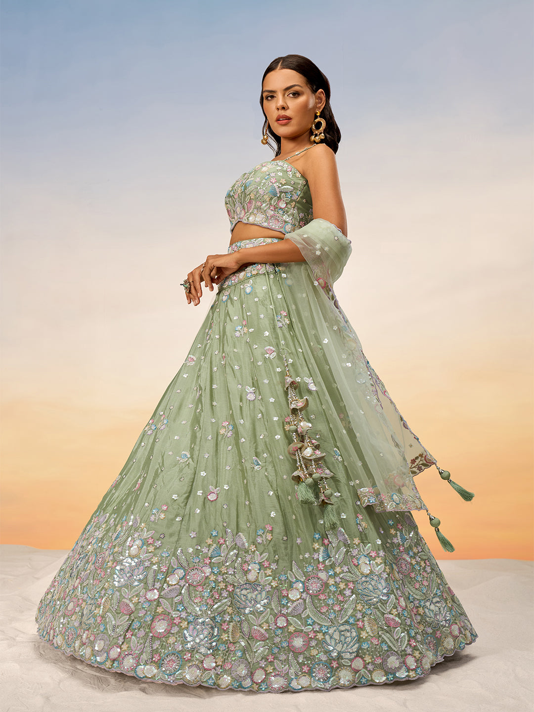 Limegreen - Multi Color Chiffon Embroidered using Sequins,Thread & Coding Semi-Stitched Lehenga choli - qivii