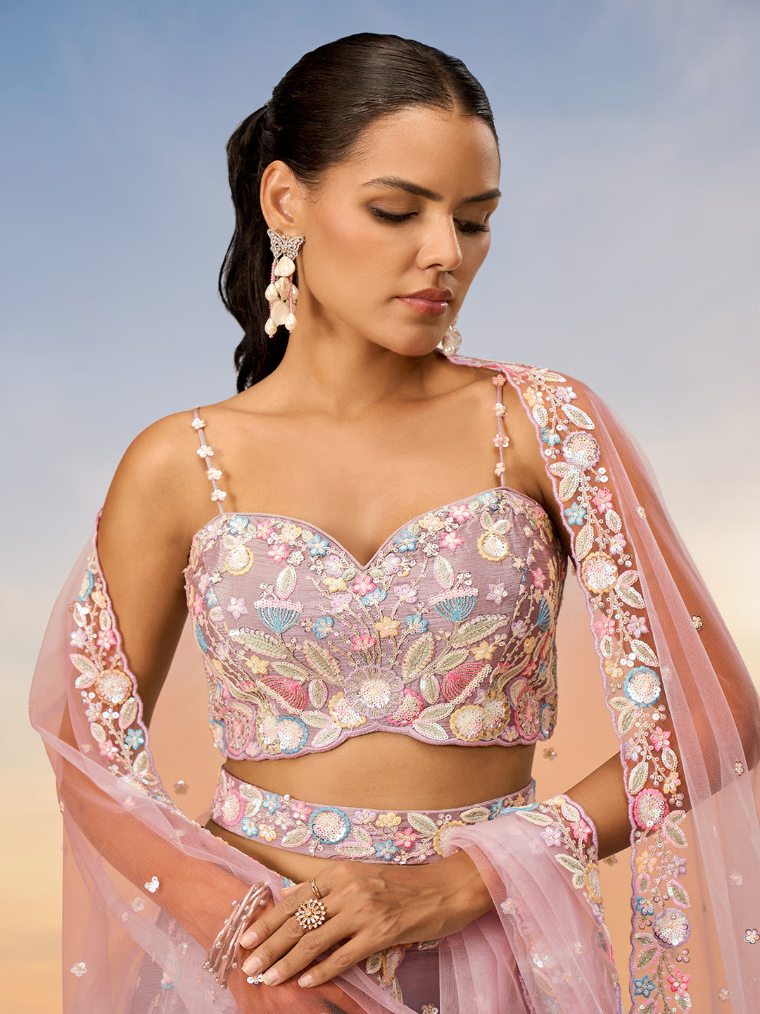 Rosegold - Multi Color Chiffon Embroidered using Sequins,Thread & Coding Semi-Stitched Lehenga choli - qivii