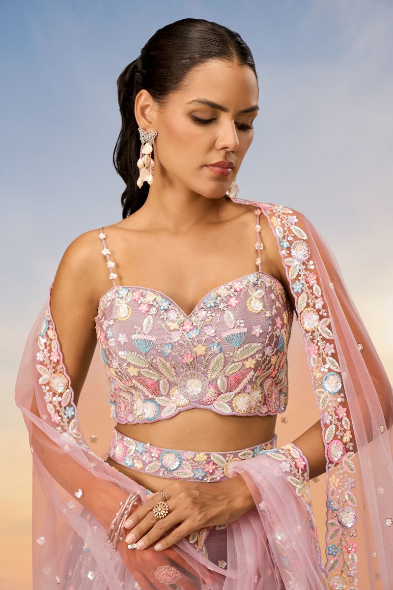 Rose gold Chiffon Sequins and thread embroidery Semi-Stitched Lehenga choli & Dupatta - qivii