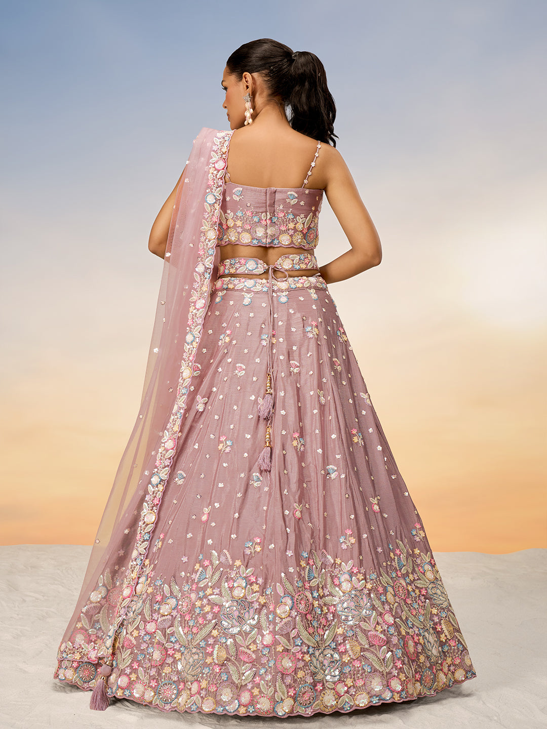 Rosegold - Multi Color Chiffon Embroidered using Sequins,Thread & Coding Semi-Stitched Lehenga choli - qivii