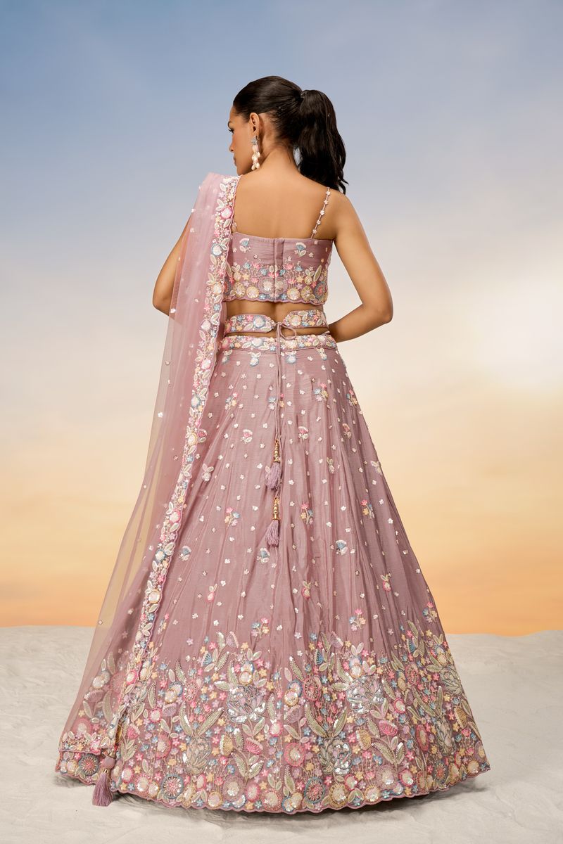 Rose gold Chiffon Sequins and thread embroidery Semi-Stitched Lehenga choli & Dupatta - qivii