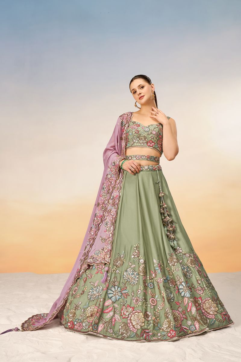 Pure georgette semi-stitched lehenga choli with coding and mirror work