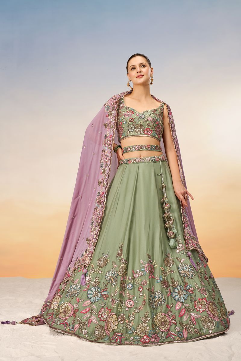 Limegreen and multicolor thread semi-stitched lehenga choli with golden sequin