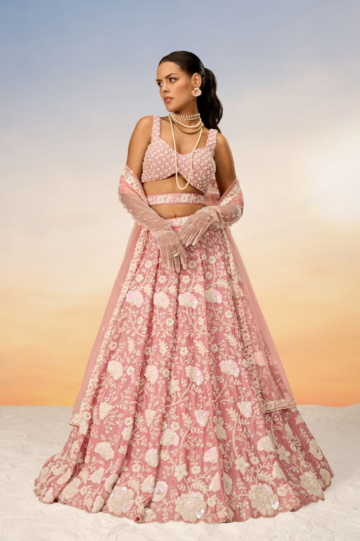 Rose Gold Chinon Sequins and Zarkan embroidery Semi-Stitched Lehenga choli & Dupatta - qivii