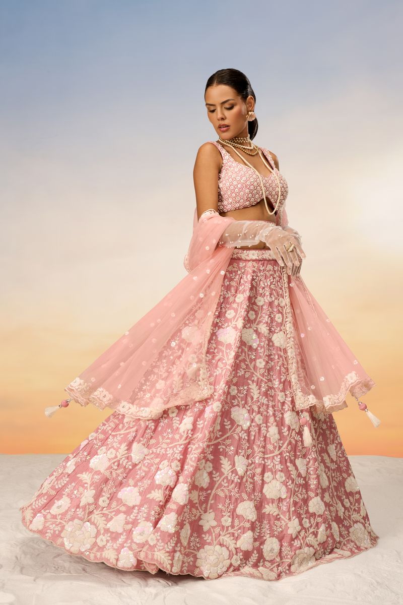 Rose Gold Chinon Sequins and Zarkan embroidery Semi-Stitched Lehenga choli & Dupatta - qivii