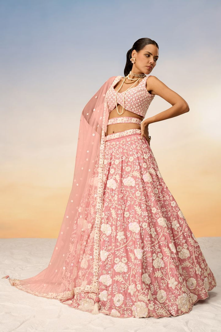 Rose Gold Chinon Sequins and Zarkan embroidery Semi-Stitched Lehenga choli & Dupatta - qivii