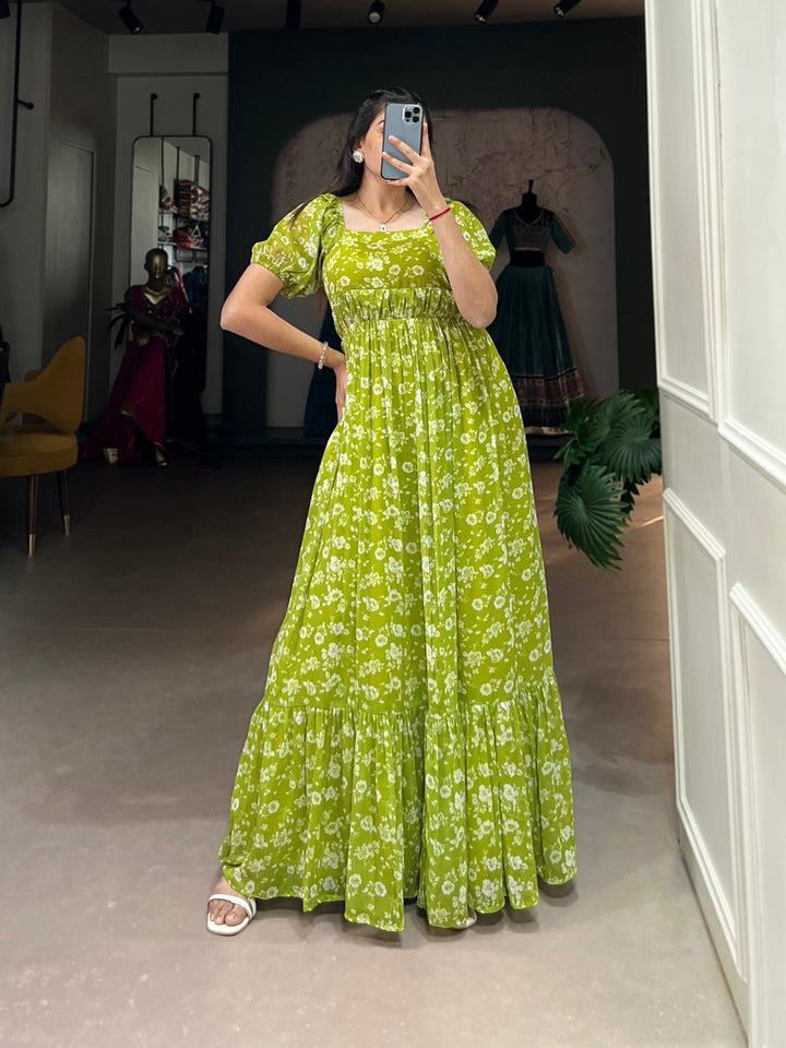 Parrot green georgette floral print gown with elegant ruffles and waist tie