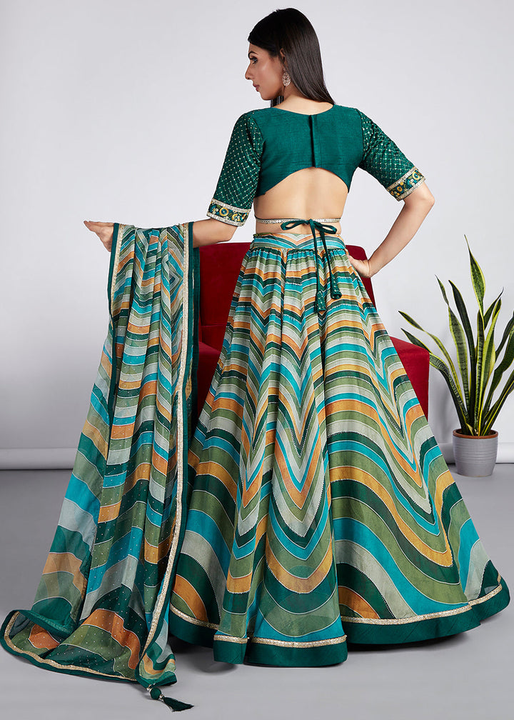 Green & Blue Leheriya Printed Organza Lehenga Choli With Swarovski Stone Work