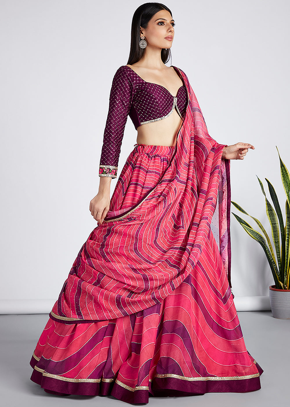 Shades Of Pink Leheriya Printed Organza Lehenga Choli With Swarovski Stone Work