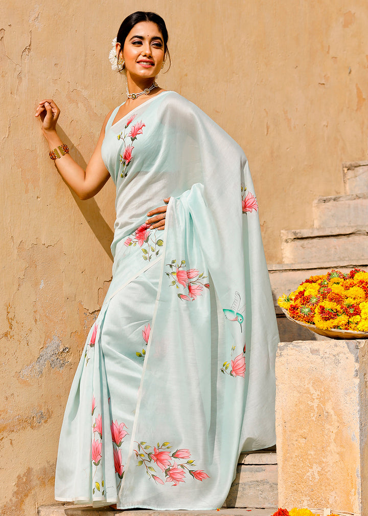 Light Blue Designer Hand Painted Floral Chanderi Cotton Saree