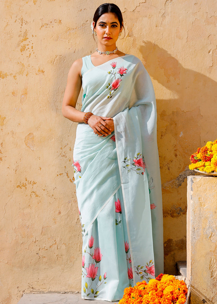 Light Blue Designer Hand Painted Floral Chanderi Cotton Saree