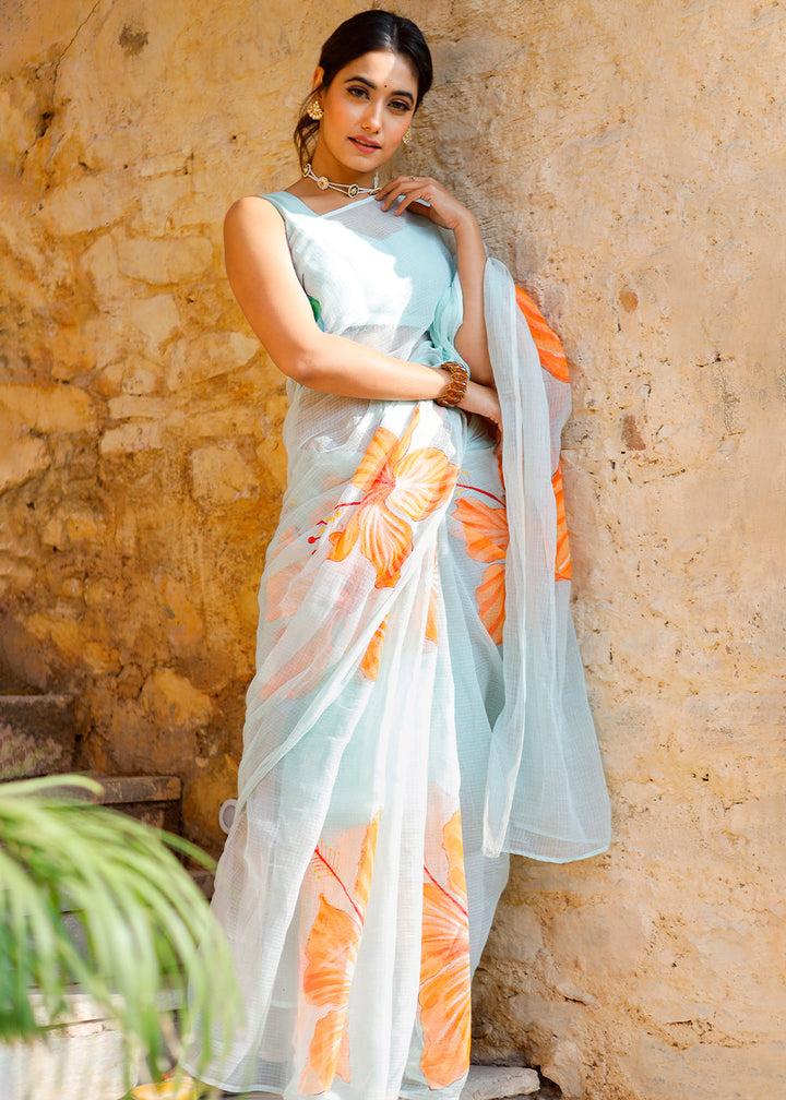 Shades Of Blue Designer Hand Painted Floral Cotton Kota Doria Saree