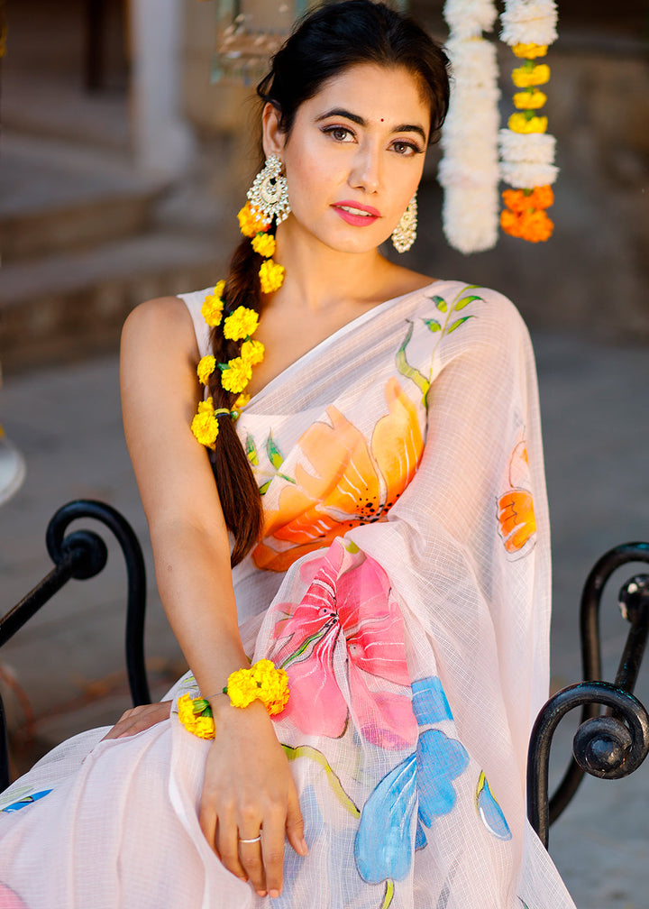 Light Pink Designer Hand Painted Floral Chanderi Cotton Saree