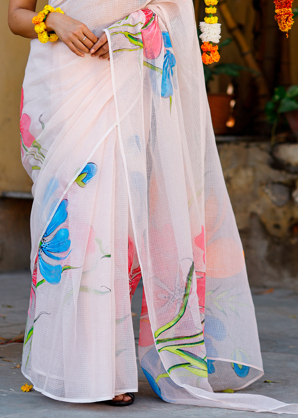 Light Pink Designer Hand Painted Floral Chanderi Cotton Saree