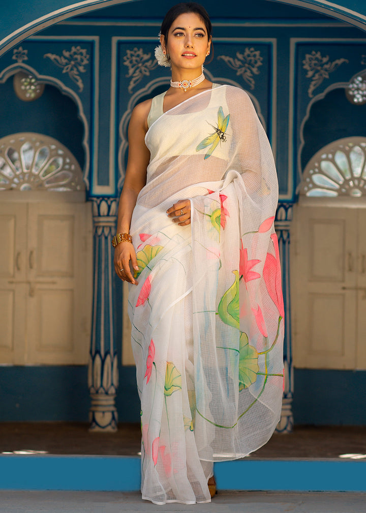 Pearl White Designer Hand Painted Floral Cotton Kota Doria Saree