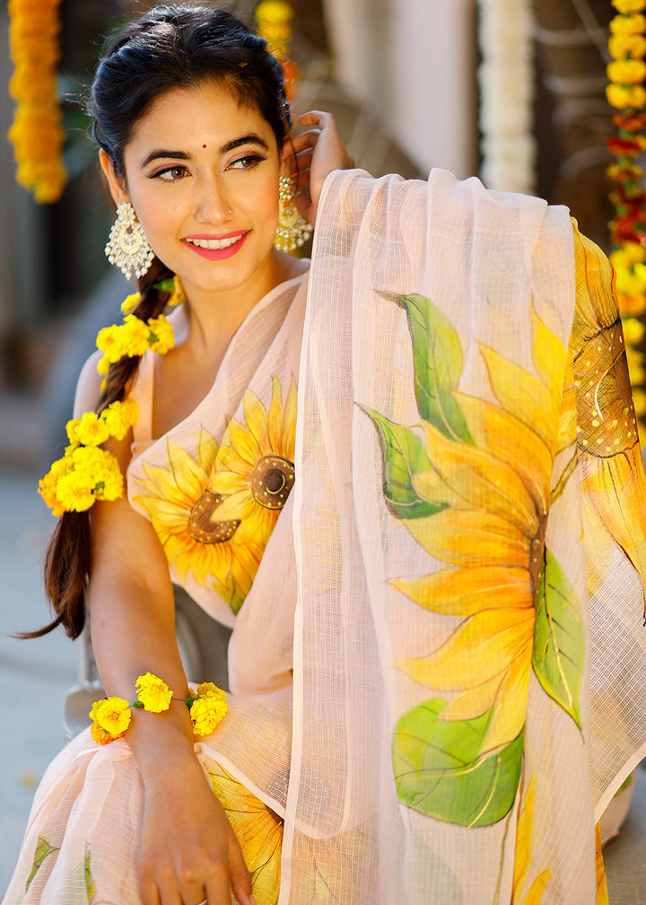 Light Peach Pink Designer Hand Painted Floral Cotton Kota Doria Saree