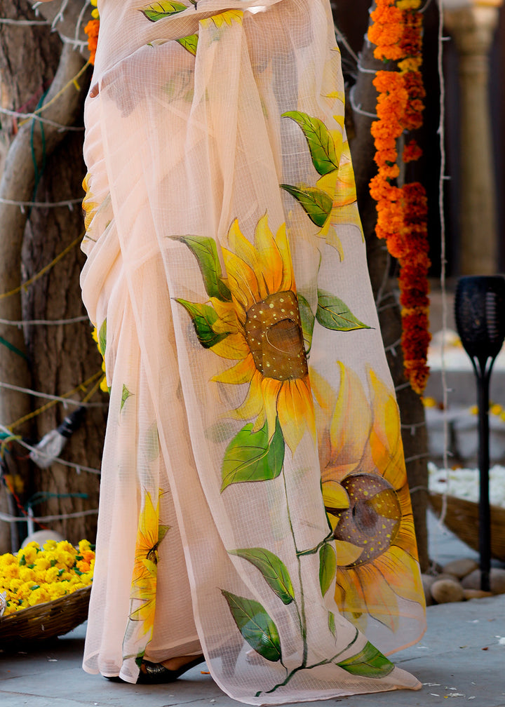 Light Peach Pink Designer Hand Painted Floral Cotton Kota Doria Saree