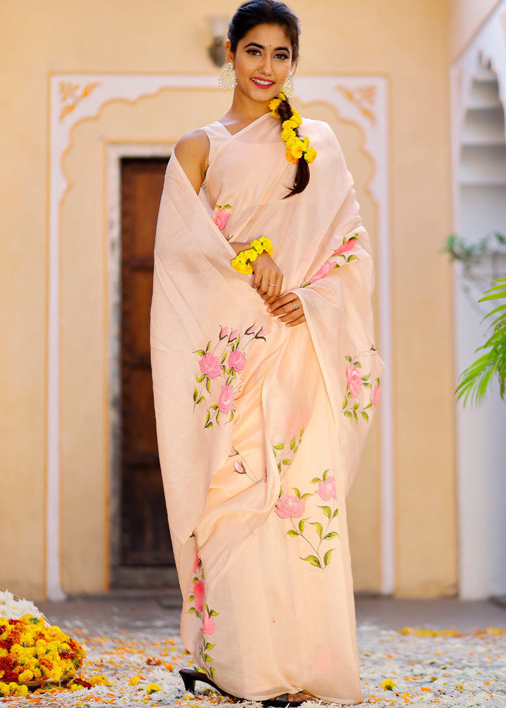 Cream White Designer Hand Painted Floral Chanderi Cotton Saree