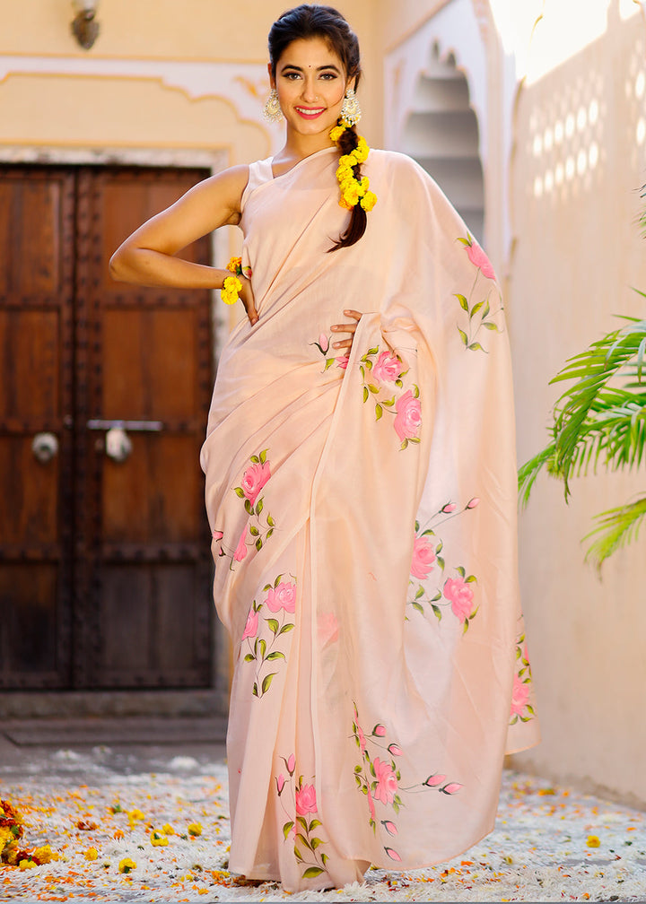 Cream White Designer Hand Painted Floral Chanderi Cotton Saree