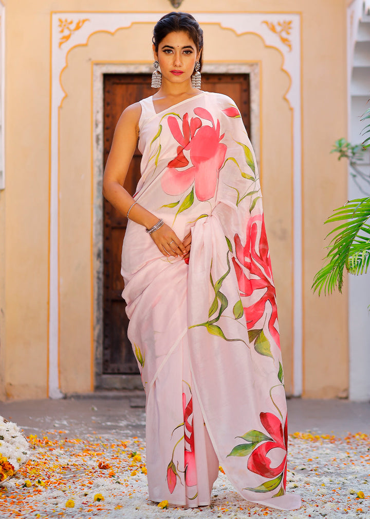 Baby Pink Designer Hand Painted Floral Chanderi Cotton Saree