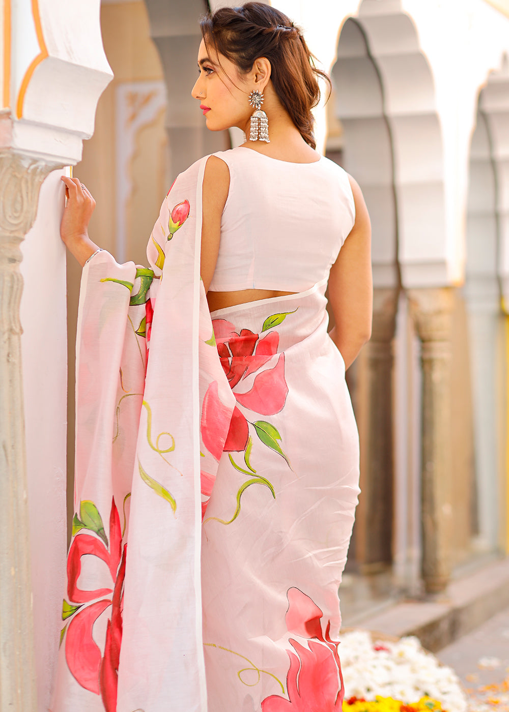 Baby Pink Designer Hand Painted Floral Chanderi Cotton Saree