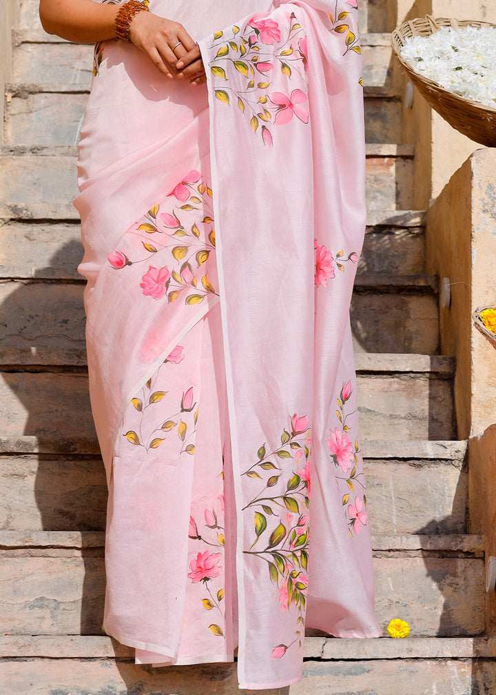 Pastel Pink Designer Hand Painted Floral Cotton Kota Doria Saree