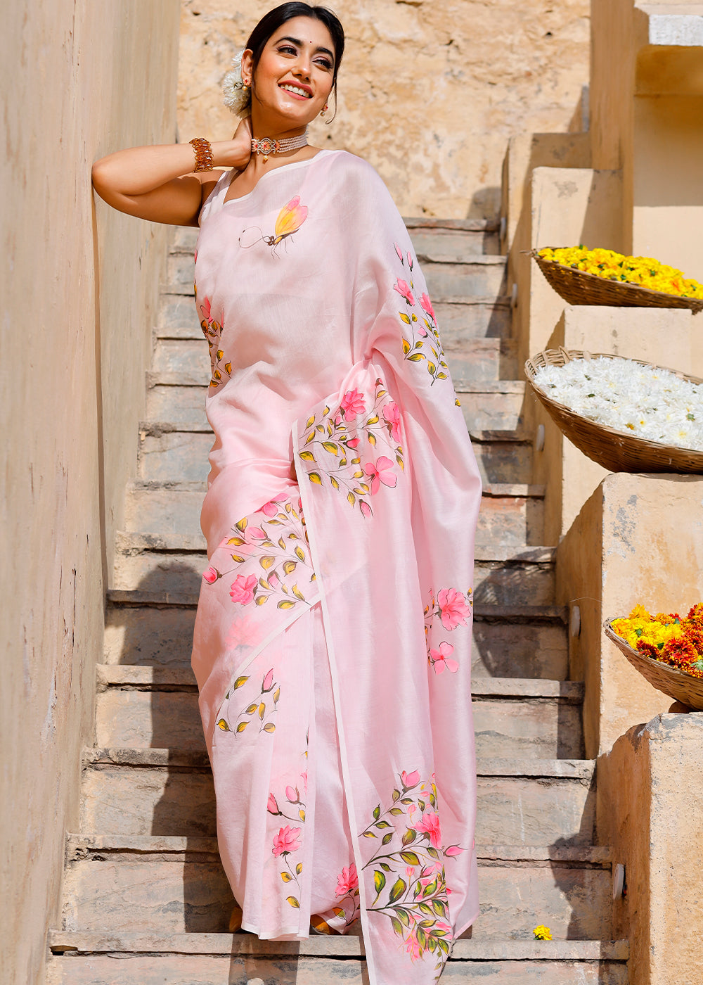 Pastel Pink Designer Hand Painted Floral Cotton Kota Doria Saree