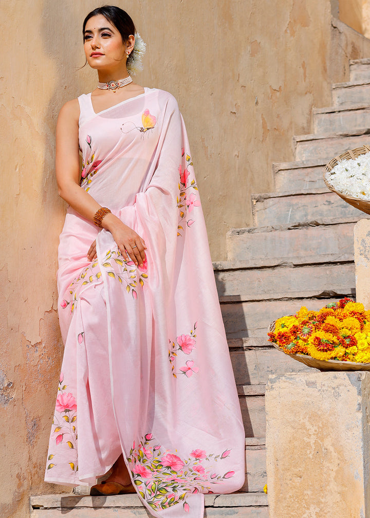 Pastel Pink Designer Hand Painted Floral Cotton Kota Doria Saree